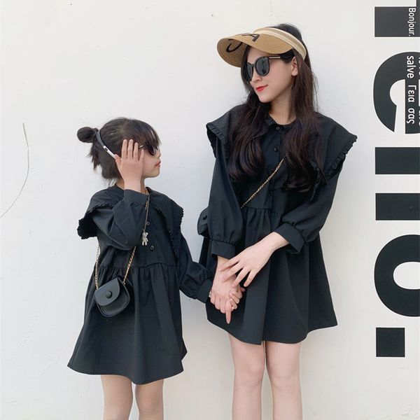 

family matching outfits mother and daughter dresses equal spring mom baby girls matching long sleeve dress big collar parent-child clothing, Blue