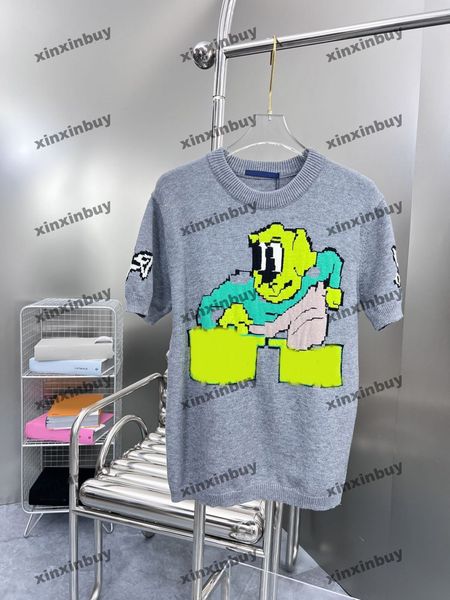 

xinxinbuy men designer tee t shirt 23ss knitted animal letter jacquard fabric short sleeve cotton women grey green khaki s-2xl, Black;brown