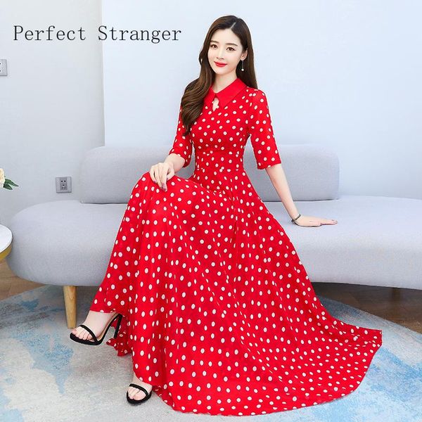 

dresses 2021 spring summer new arrival bohemian style dots printed short sleeve women chiffon long dress m4xl, Black;gray