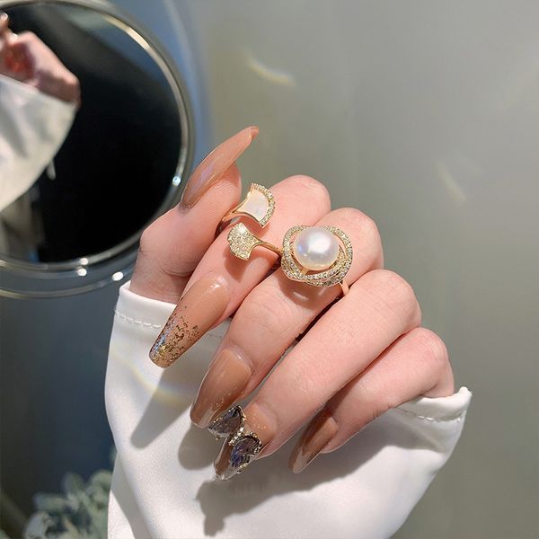 

romantic 18k gold korean pearl zircon ring party wedding band rings for women statement finger jewelry gift, Slivery;golden