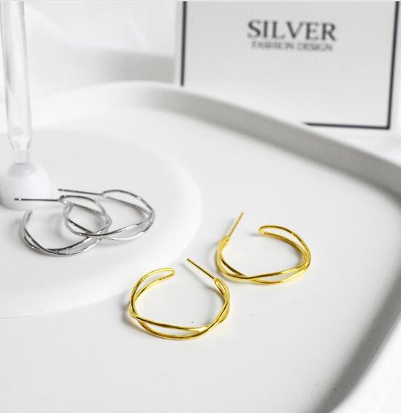 

stud earrings srcoi two tone intertwining round wave c-shaped minimalist irregular geometric double circle for women, Golden;silver