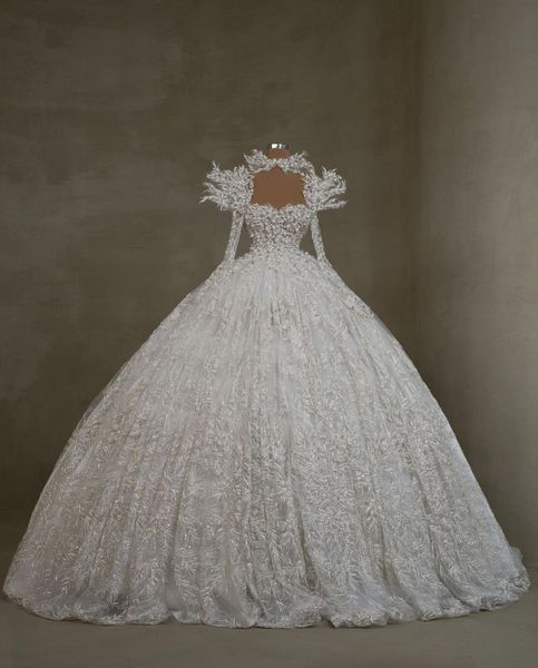 

luxury ball gown wedding dresses long sleeves bateau halter sequins applique 3d lace ruffles bridal gowns pearls formal dress plus size cust, White