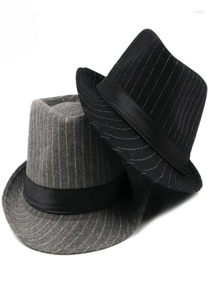 

berets ht1516 fashion men fedora hat british style striped trilby classic retro bowler jazz casual grey black fedoras3940430, Blue;gray