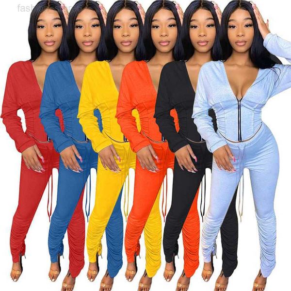 

women solid color outfits fall winter clothing two piece set long sleeve jacket stack pants casual black jogger suit gray tracksuits 3910, Black;gray