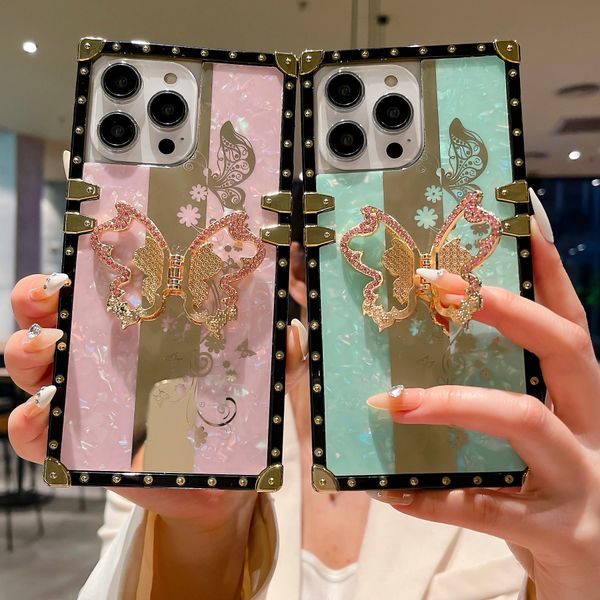 

luxury rhinestone glitter 3d butterfly bracket case for iphone x xr xs 14 13 12 11 pro max 7 8 plus se cover with lanyard holder