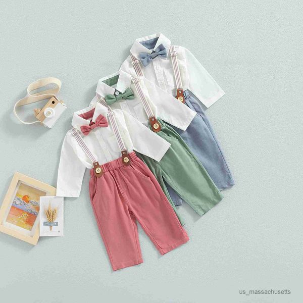 

clothing sets 0-3y autumn newborn infant baby boys clothes set solid long sleeve tie romper adjustable straps pants outfits, White