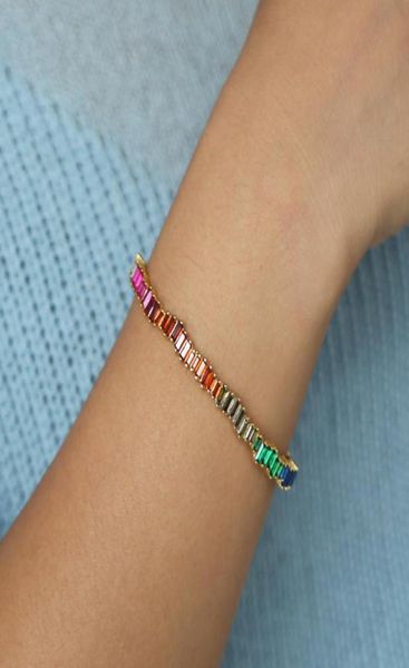 

whole fashion women jewelry rainbow cz cuff bangle bracelet for women european colored baguette cz adjust open bangles1465278, Golden;silver