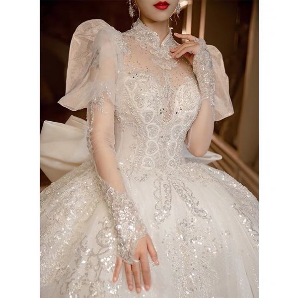 

gorgeous wedding dress puff long sleeve backless with big bow high collar lace up applique sequined sweep train bridal gowns new, White