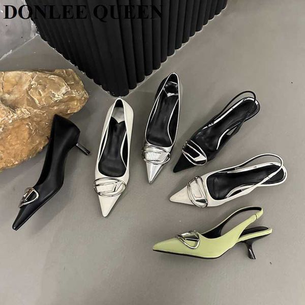

fashion metal buckle pumps woman slingback sandals ladies elegant high heels pointed toe dress shoes slip on mule 0506, Black