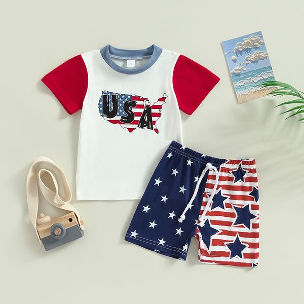 

boys causal clothing sets summer infant independence day 2pcs suit short sleeve t-shirt drawstring star printed shorts fashion toddler outfi, White