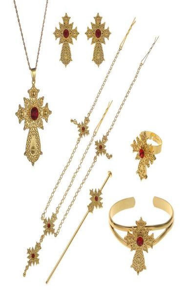 

ethiopian bridal cross jewelry sets cubic zirconia habesha eritrea african wedding necklace earrings bracelet4093961, Slivery;golden