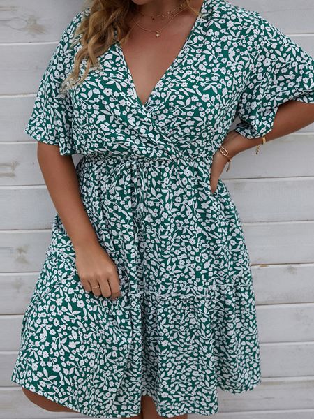 

plus size dresses size woman fashion summer v neck short sleeve floral print casual high waist mini beach 230506, Black
