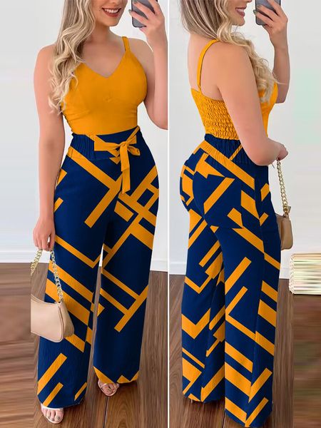 

women's two piece pants shirred cami geometric print high waist set 230506, White