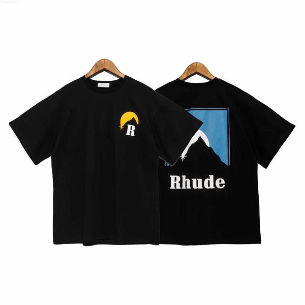 

men women t shirts designers mens rhude t-shirt fitness crewneck round neck classic american leisure summer snow mountain sunset printed, White;black