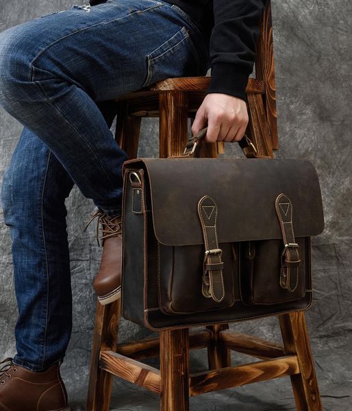

briefcases vintage men briefcase crazy horse genuine leather man male laphandbag large shoulder messenger portfolio bag business case 230506
