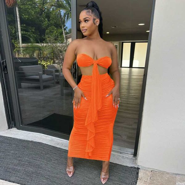 

two piece dress wuhe ruched summer skirt two piece set solid lace up strapless crop pleated long skirt outfit party club matching set j23050, White
