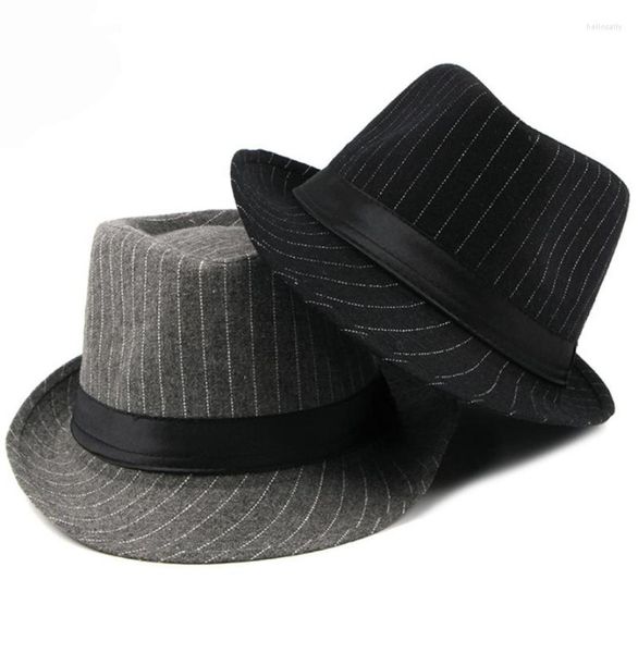 

berets ht1516 fashion men fedora hat british style striped trilby classic retro bowler jazz casual grey black fedoras1890275, Blue;gray