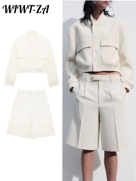 

women's tracksuit pilot jacket shorts sets 2023 spring long sleeve pockets hidden breasted coats female zip pleated streetwear outfit 2, Gray