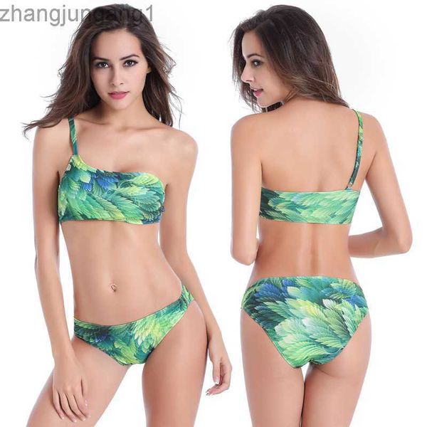 

designer fashion swimmart women's large chest and small chest gather 2023 new green leaf bikini swimwear t shirt, White;black