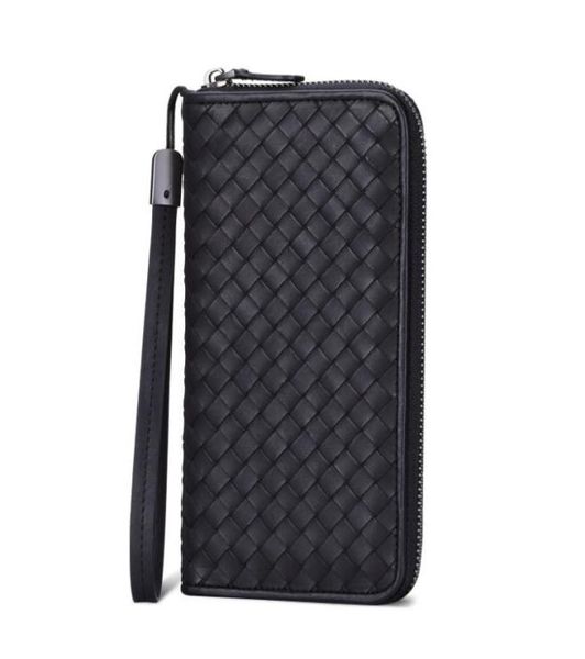 

woven wallet men women sheepskin leather money bag male vintage long multi card mobile phone full zipper check clip hand bag7545542, Black