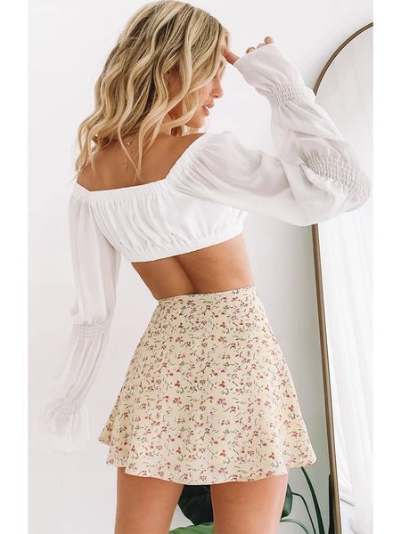 

skirts summer mini women floral print high waist umbrella female yellow invisible zipper chiffon with y2k short 230506, Black