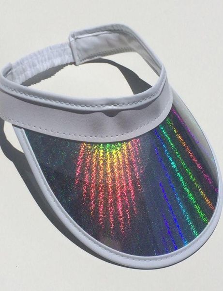 

stingy brim hats women girls summer metallic hologram colored plastic wide curved sun visor hat elastic strap back hip hop empty t1088713, Blue;gray