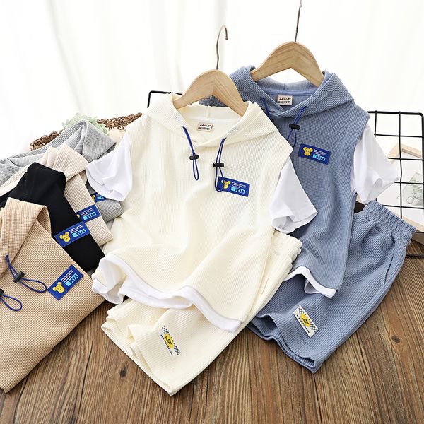 

clothing sets kids boy girls summer clothes patchwork shorts sleeve tshirt 2pcs hoodies pants suit children tracksuits 230506, White