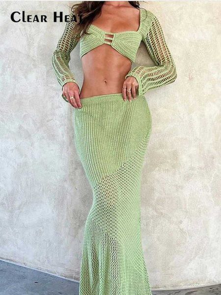 

two piece dress women solid long sleeve knit skirt 2 pieces set knitted crop high waist skirts suit 2023 summer female beach vocation outfit, White