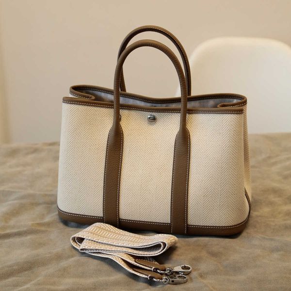 

totes 7a garden party bag genuine canvas splicing canvas genuine leather 30 handbag color large capacityqq with logo