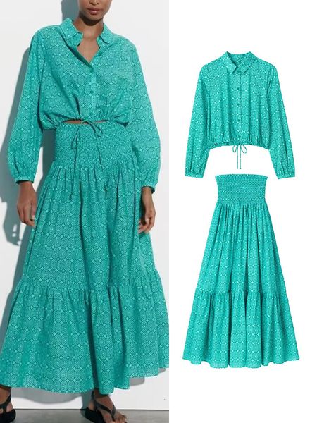

two piece dress traf fashion women printed skirt sets 2023 summer long sleeve turn down collar shirt elastic waist aline skirts casual outwe, White