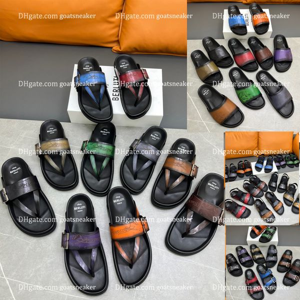 

sifnos scritto leather slippers sandals printed summer shoes berluti designer slippers sandals mens printed slides flat shoes summer outdoor, Black