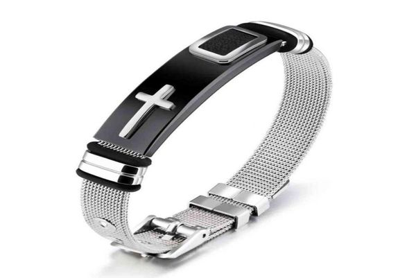 

adjustable fashion accessories for individual ornaments of titanium steel boy039s bracelet with gold cross between mesh band3917860, Black