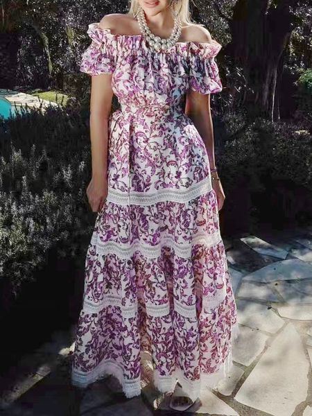 

2023 dress summer french fragmented flower ruffle edge one line neck waist slim spliced lace edge long dress, Black;gray