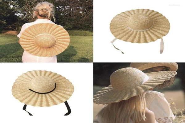 

wide brim hats straw hat with ribbon wavy pattern sun protection outdoor beach sunhat summer8944548, Blue;gray