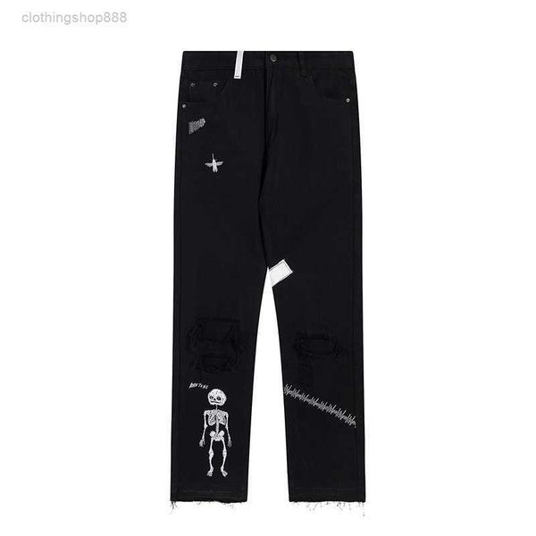 

men's pants autumn/winter new high street crowd fashion hand-painted skeleton print jeans 0920, Black