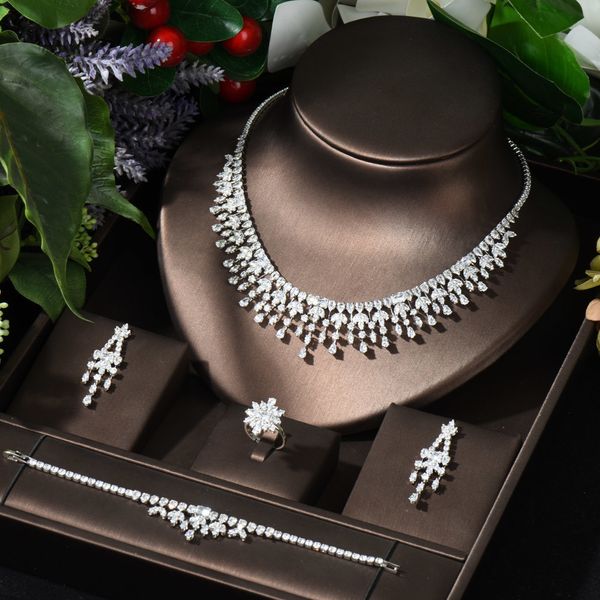 

pendant necklaces hibride dubai jewelry sets leaf design bridal necklace earring set aaa cubic zirconia femme ladies wedding accessories n24, Silver