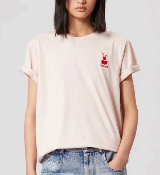 

isabel marant women designer t shirt summer cotton fashion casual versatile pullover embroidery short sleeve, White