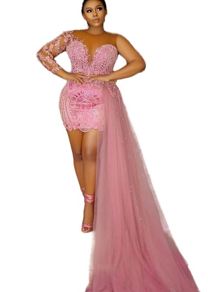 

2023 may aso ebi pink lace prom dress sheath beaded short evening formal party second reception birthday engagement gowns dress robe de soir, Black