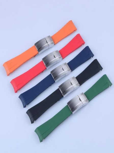 

20mm curved end strap and silver all brushed clasp silicone black navy green orange red rubber watchband for rol strap sub gmt dat1136178, Black;brown