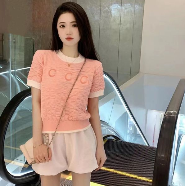 

designer high-quality embroidery pleated bubble knitted short sleeve fashion crew neck letter logo short sleeve women's knitted top, White