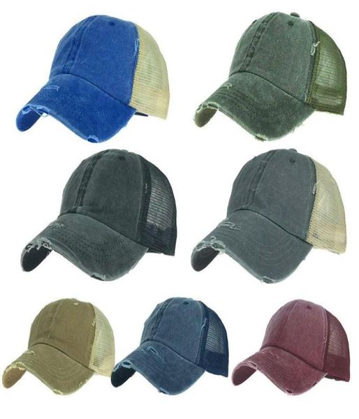 

women vintage washed distressed baseball cap mesh patchwork back plain solid color messy bun snapback trucker hat6259113, Blue;gray