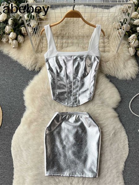 

two piece dress summer pu leather fashion two pieces suits women strap backless tank short skirt patchwork weet beach sets j230506, White