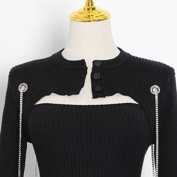 

knitted dress with a round neck and fashionable temperament, hollow out, adjustable splicing, slim fitting short buttocks wrapped dress, Black;gray