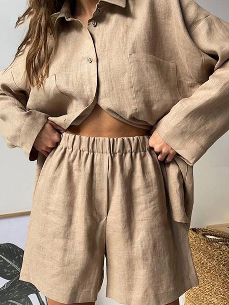 

women's tracksuits fashion casual women two pieces sets autumn solid long sleeve shirts elastic waist shorts suits loose cotton linen o, Gray