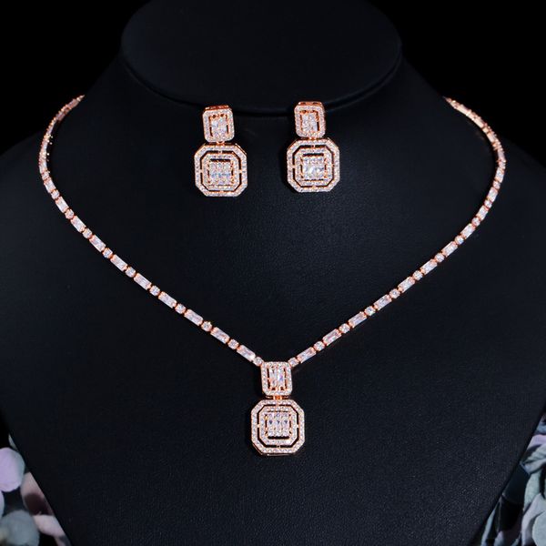 

pendant necklaces cwwzircons shiny baguette cubic zirconia wedding bridal party necklace earrings fashion gold color jewelry sets accessorie, Silver