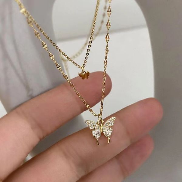 

pendant necklaces silver color shiny butterfly female exquisite double layer clavicle chain wedding party jewelry gifts 230506