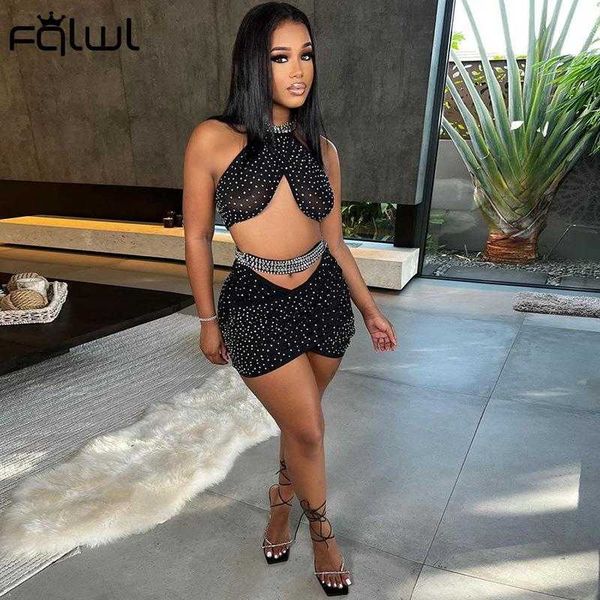 

two piece dress habbris 2 two piece sets women outfits skirt backless hollow out diamond halter crop bodycon mini black dress sets 2022 j230, White