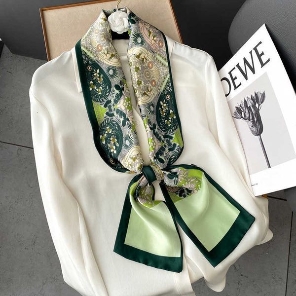 

spring versatile green jungle simulation silk scarf women's long neckband tie bag ribbon thin narrow scarf, Blue;gray