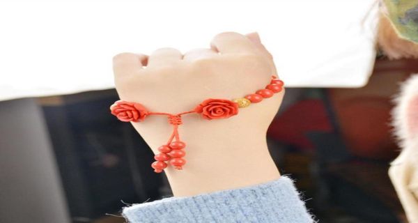 

fashion cinnabar rose 8mm beads bracelet adjustable bangle charm jewellery fashion accessories handcarved luck amulet gifts4563908, Golden;silver