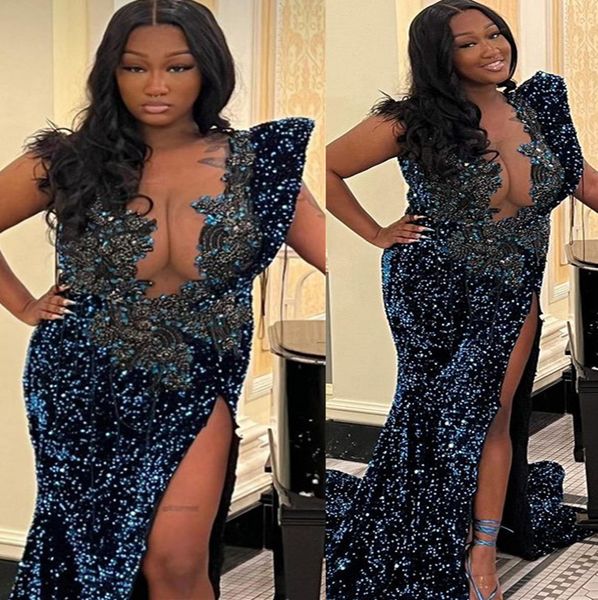 

2023 may aso ebi beaded crystals prom dress memraid sequined lace evening formal party second reception birthday engagement gowns dress robe, Black